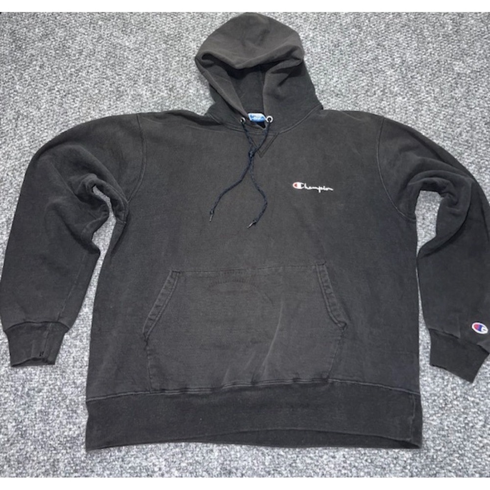 Champion Men's XL Black Pullover Hoodie Cotton Hooded Logo Pockets Long Sleeve